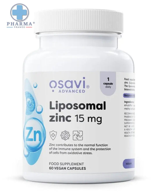 Bouteille blanche en plastique de osavi liposomal zinc 15 mg complément alimentaire végétalien 60 gélules