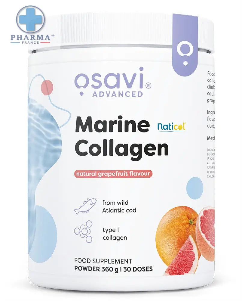Contenant blanc cylindrique d osavi marine collagène avancé arôme pamplemousse avec graphics d eau et pamplemousses