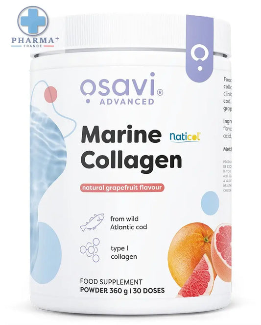 Contenant blanc cylindrique d osavi marine collagène avancé arôme pamplemousse avec graphics d eau et pamplemousses