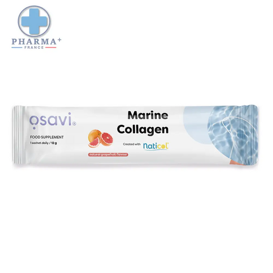 Sachet blanc osavi marine collagène sauvage cod arôme pamplemousse avec motif vague bleue et illustration fruit orange