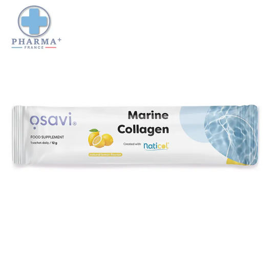 Un paquet élégant blanc et bleu d osavi marine collagène goût citron avec illustration de citrons et ondulations d eau