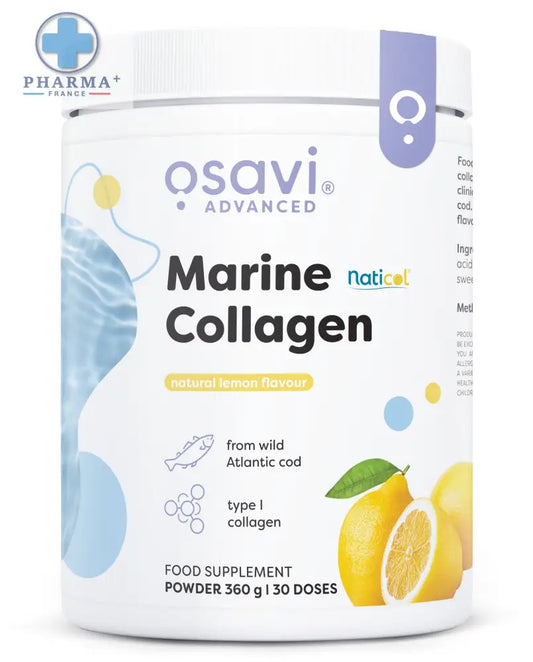 Container blanc cylindrique d’osavi marine collagène poudre saveur citron naturel avec bande violette et image de citron