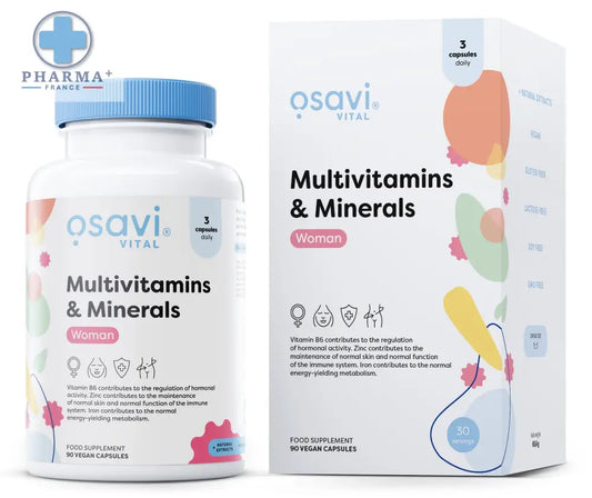 Bouteille blanche en plastique avec bouchon bleu et design floral osavi multivitamins minerals woman complexe vitaminé 90 gélules vegan