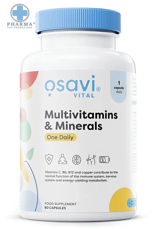 Flacon blanc en plastique avec bouchon bleu et étiquette colorée osavi multivitamins minerals one usage quotidien 60 gélules