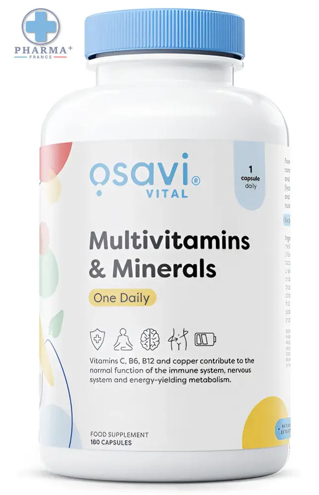 Bouteille en plastique blanc avec bouchon bleu et étiquette colorée osavi multivitamins minerals one daily 180 gélules