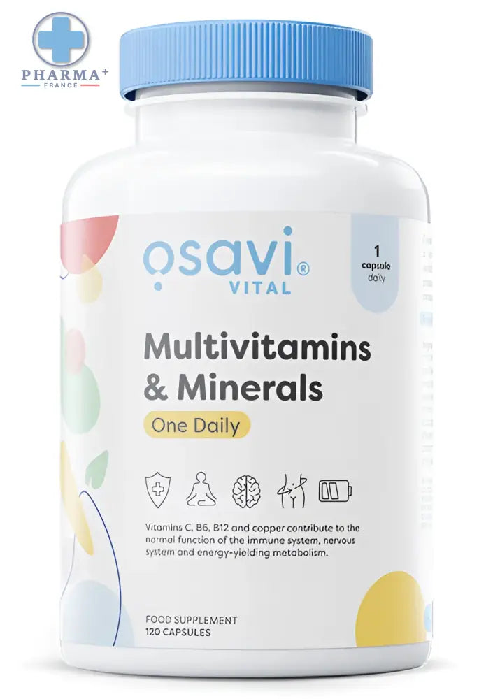Bouteille en plastique blanc avec bouchon bleu et étiquette colorée osavi multivitamins minerals one daily 60 gélules