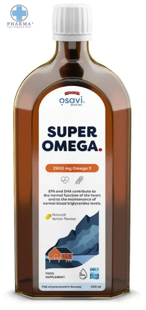 Bouteille en verre brun de 500 ml osavi super oméga complément alimentaire marin avec bouchon blanc et label montagne