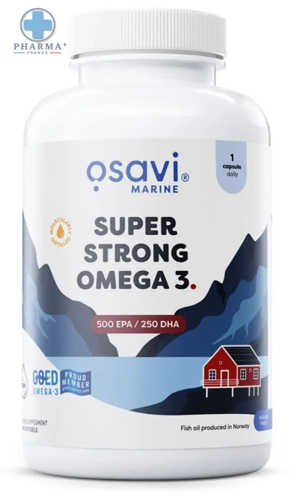 Bouteille blanche en plastique osavi super strong omega 3 avec étiquette bleue montrant montagnes maison rouge et dosage 500 epa 250 dha 1 gélule quotidienne