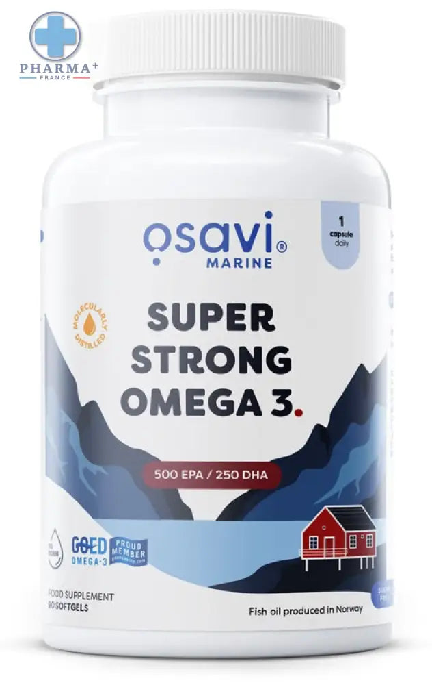 Bouteille blanche en plastique de osavi super strong omega 3 huile de poisson norvégienne 60 capsules avec étiquette bleue et blanche