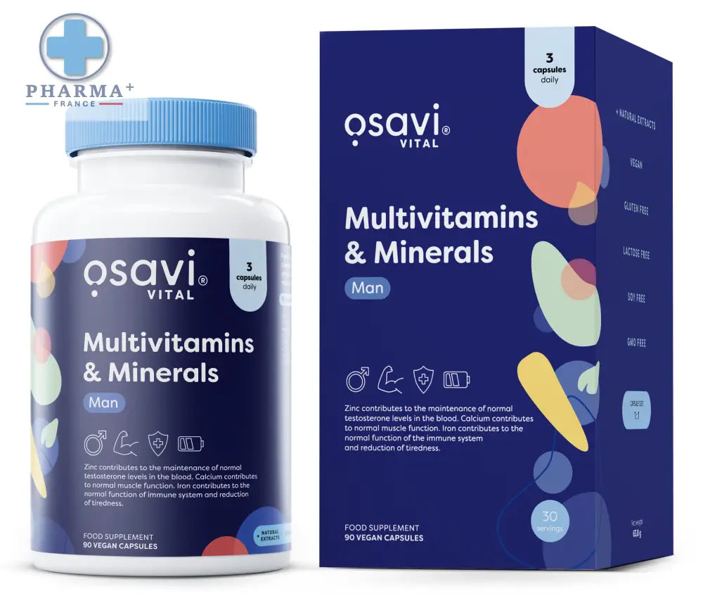 Bouteille bleue et blanche de osavi vital multivitamines et minerals man 60 gélules avec capsule bleu clair et graphique abstrait