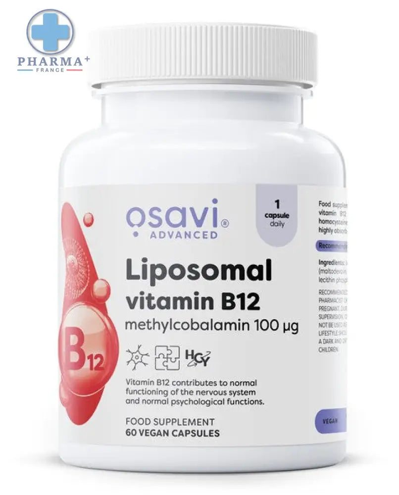 Bouteille blanche en plastique osavi liposomal vitamine b12 methylcobalamin 100mcg avec étiquette rouge et violette b12