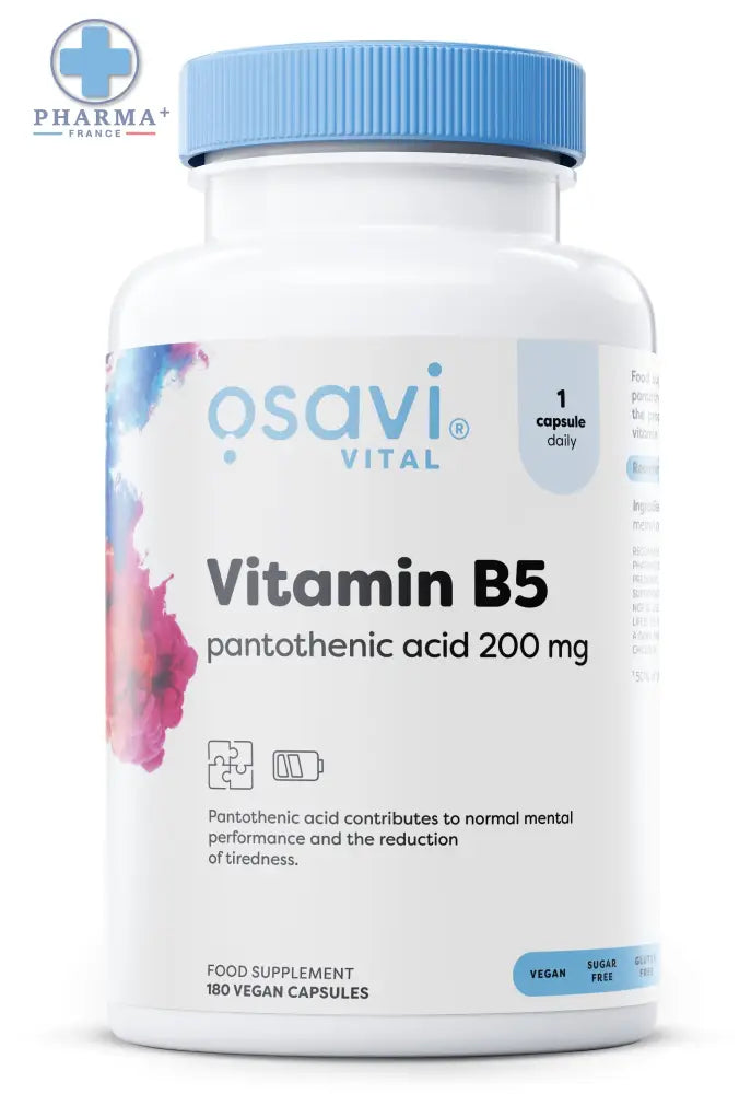 Bouteille blanche en plastique avec capsule bleu clair contenant 180 gélules végétaliennes osavi vitamine b5 pantothenic acid 200 mg
