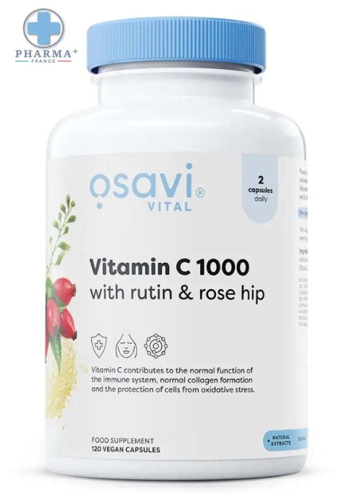 Bouteille blanche en plastique avec capsule bleue contenant c1000 with rutin osavi vital 120 gélules végétaliennes vitamine c