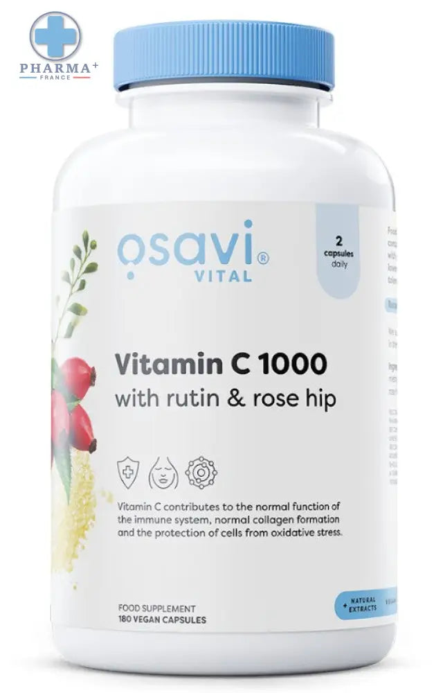 Bouteille blanche en plastique avec capsule bleu clair contenant 180 gélules végétaliennes de c1000 with rutin osavi vital