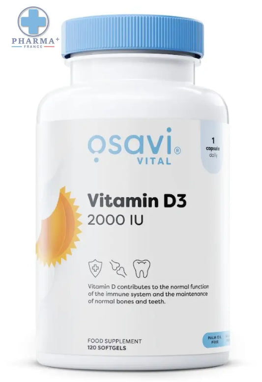 Bouteille blanche en plastique osavi vitamine d3 2000 ui capsules molles de 120 unités avec capsule bleue ribbed