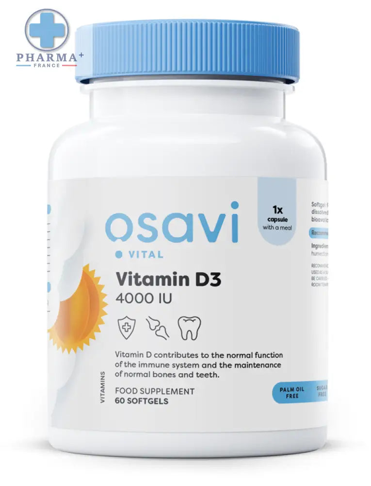 Bouteille en plastique blanche avec capsule bleue osavi vitamine d3 4000 ui capsules molles complexe vitaminé découvrez