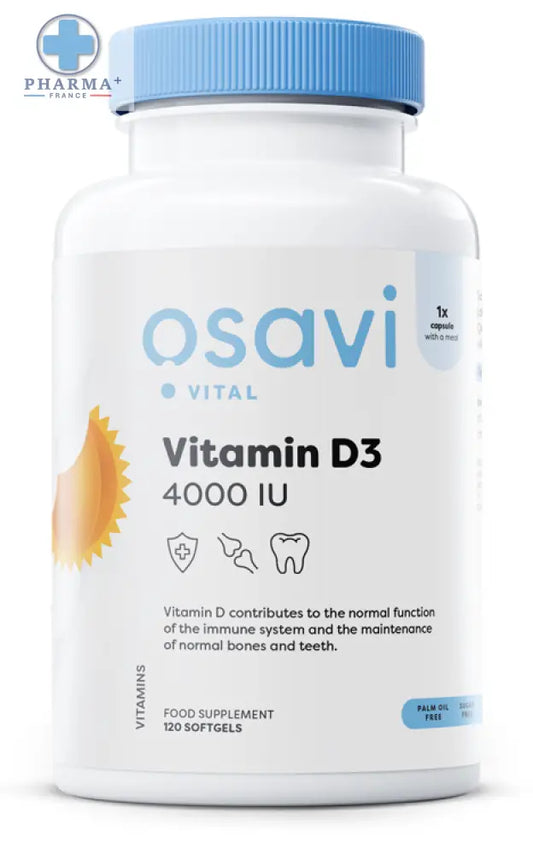 Bouteille blanche en plastique avec capsules molles osavi vitamine d3 4000 ui pour complément alimentaire complexe vitaminé découvrez