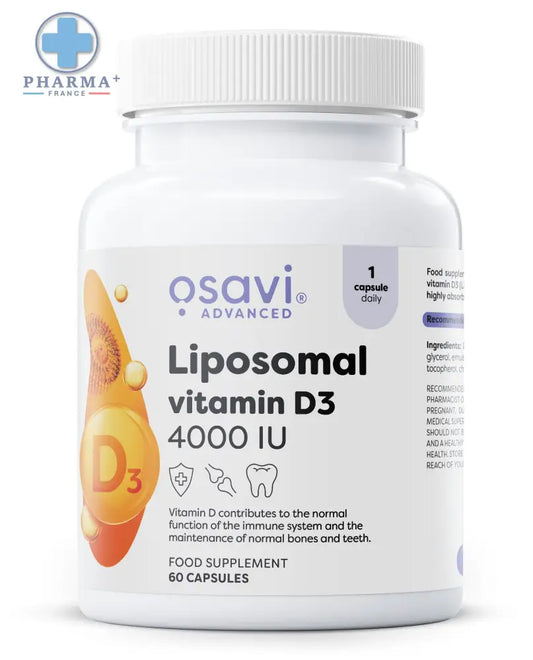 Bouteille blanche en plastique osavi liposomal vitamine d3 4000 ui avec bouchon cannelé blanc et étiquette orange violet