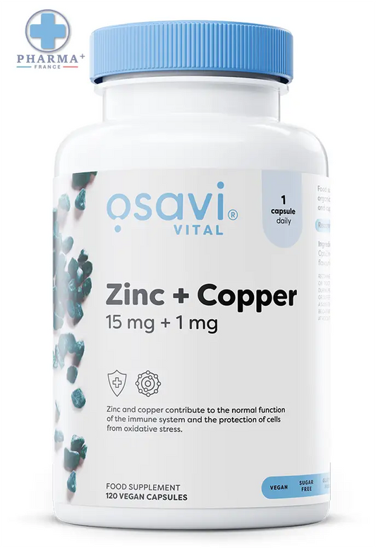 Bouteille en plastique blanc avec capsule bleu clair osavi zinc complément alimentaire à base de zinc et cuivre 60 capsules