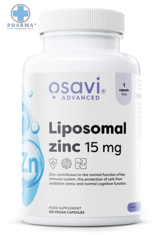 Flacon blanc en plastique d osavi liposomal zinc 15 mg avec 120 gélules végétaliennes complément alimentaire