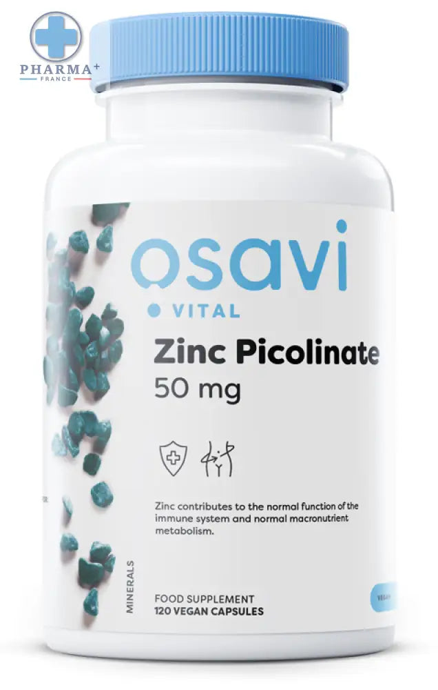 Bouteille blanche en plastique avec capsule bleue osavi zinc picolinate 50 mg 120 gélules végétaliennes
