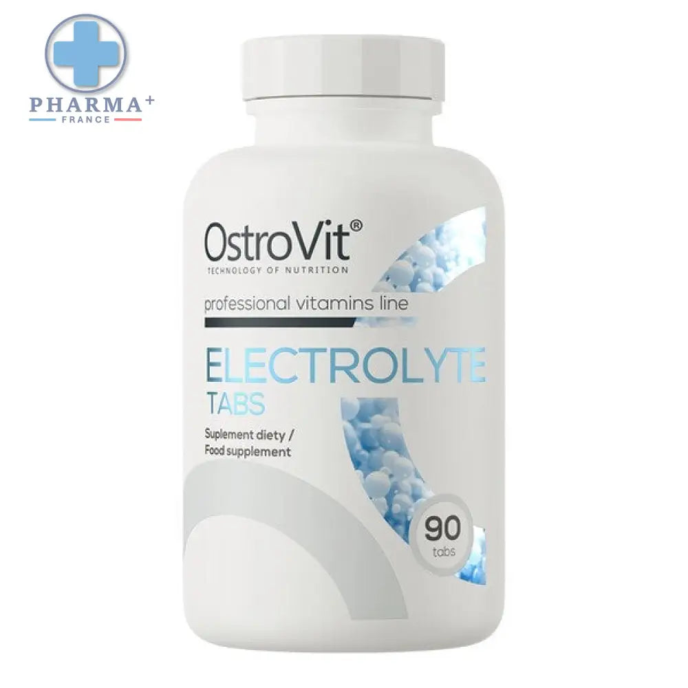 Flacon en plastique blanc de ostrovit electrolyte complément alimentaire avec étiquette bleue et grise illustrant des électrolytes sphériques