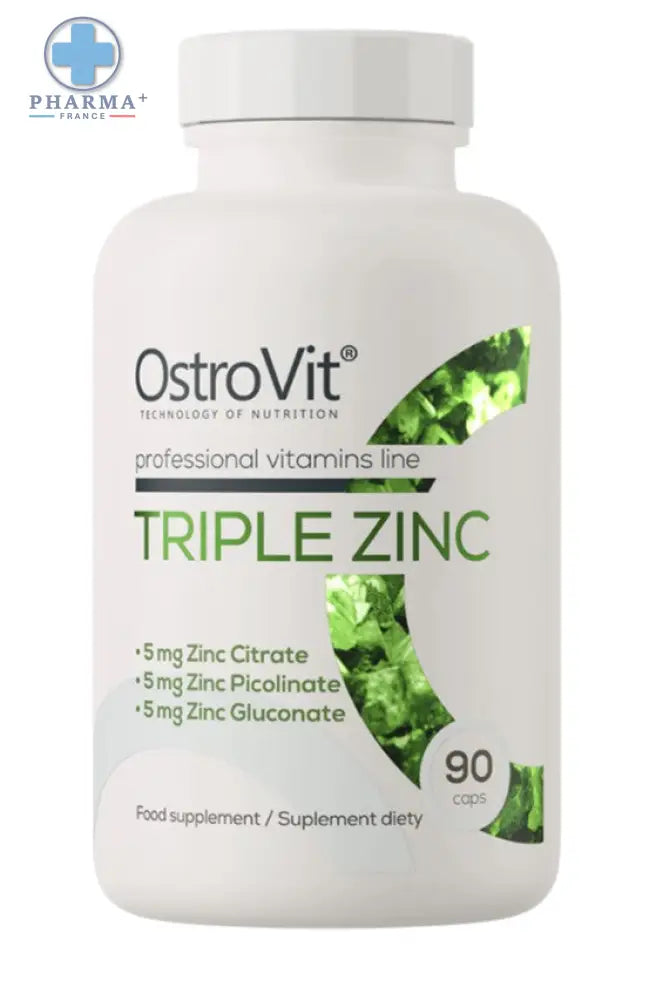 Bouteille blanche en plastique de ostrovit triple zinc complément alimentaire 90 gélules avec design feuille verte et bouchon blanc