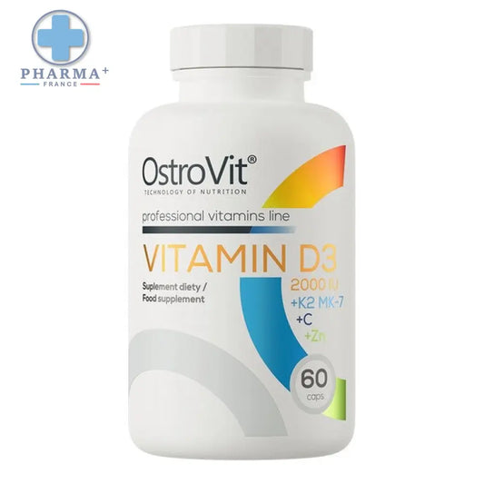 Bouteille blanche en plastique de ostrovit vitamine d3 2000iu avec design coloré et 60 capsules complexe vitaminé découvrez