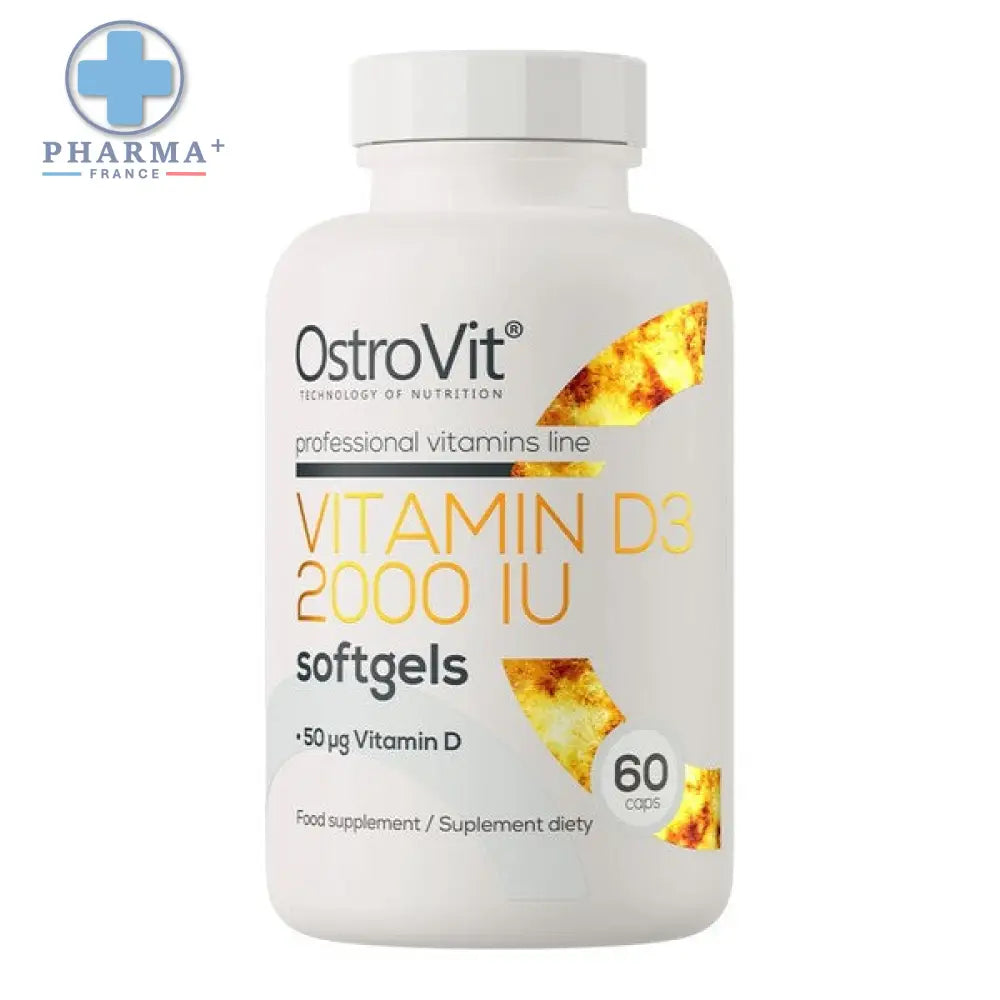 Bouteille blanche en plastique de ostrovit complément alimentaire vitaminé vitamine d3 2000 ui 60 gélules avec texte or et noir et feuille dorée
