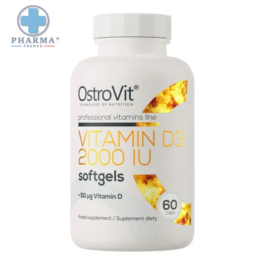 Bouteille blanche en plastique de ostrovit complément alimentaire vitaminé vitamine d3 2000 ui 60 gélules avec texte or et noir et feuille dorée