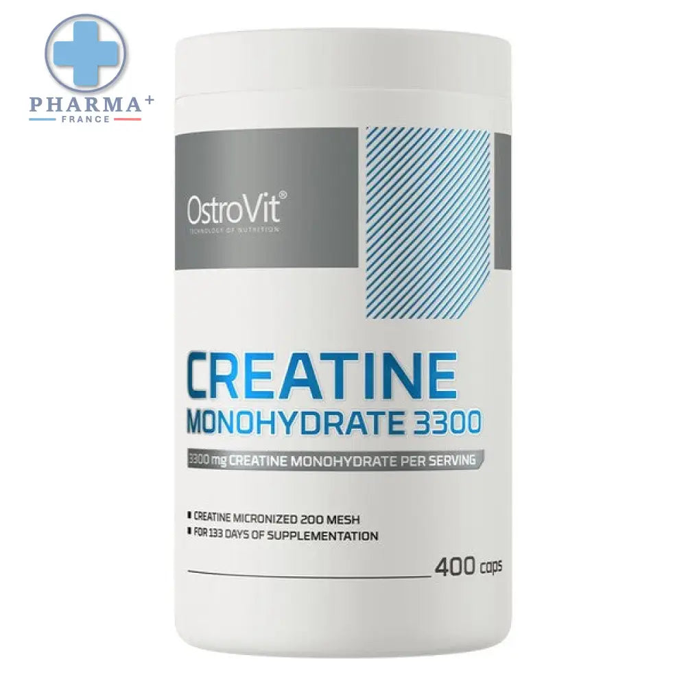 Conteneur blanc cylindrique ostrovit créatine monohydrate 3300 avec étiquette grise et bleue composant alimentaire 400 g