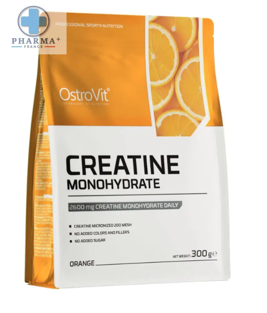 Poudre de créatine monohydrate ostrovit arôme orange en sachet refermable de 300 g pour performance sportive