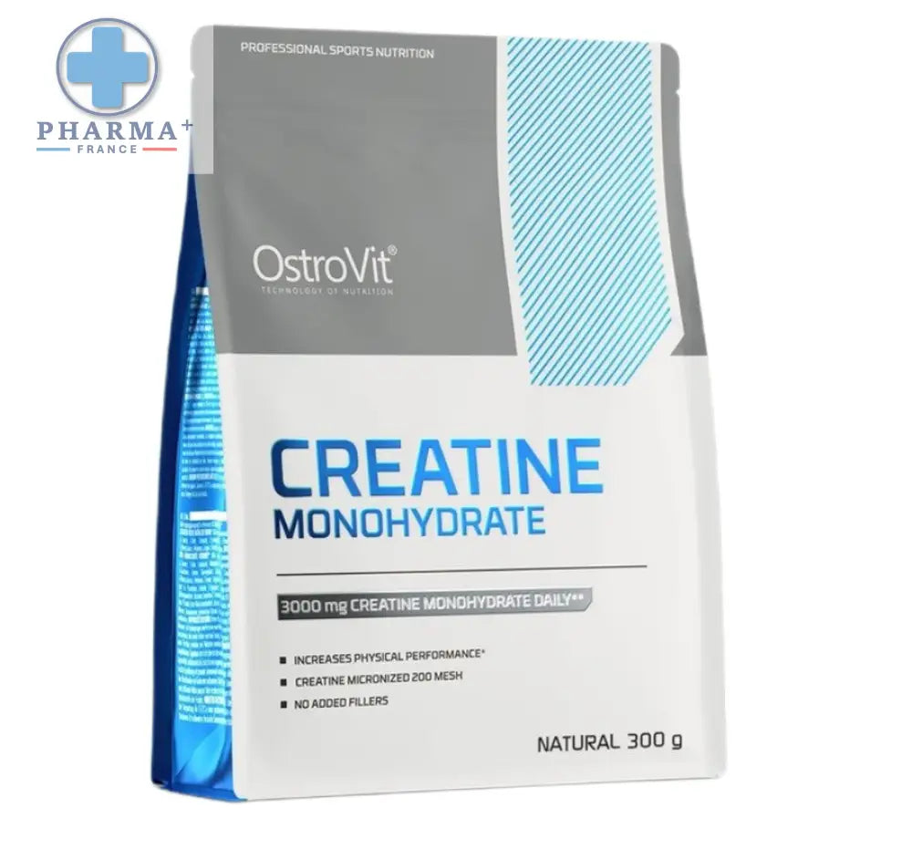 Poudre ostrovit créatine monohydrate pure 300 g en sachet refermable blanc gris bleu pour performance sportive