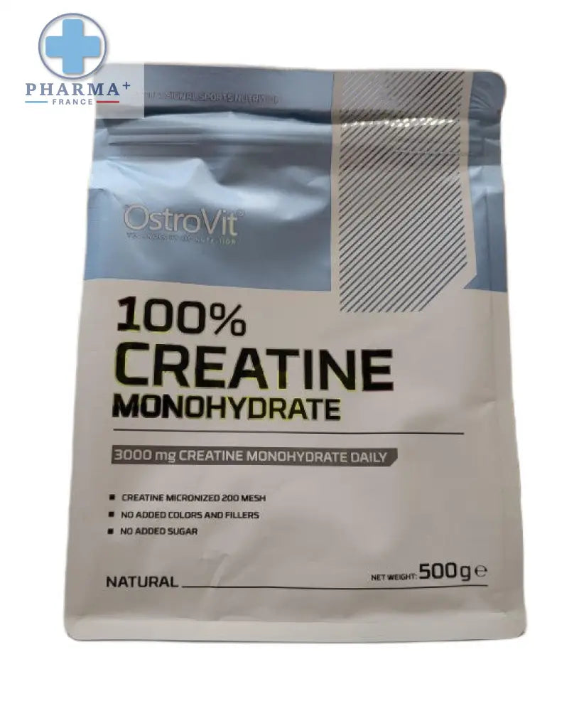 Pochette argentée et blanche ostrovit créatine monohydrate pure en poudre 500 g avec fermeture refermable et texte noir