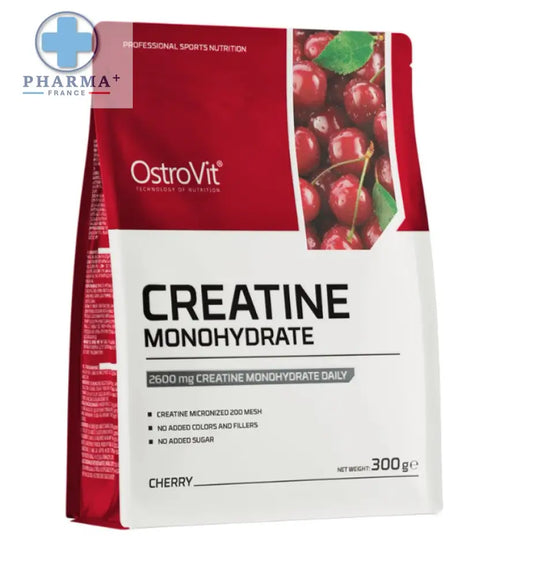 Pouch rouge et blanc d’ostrovit créatine monohydrate saveur cerise 300 g pour performance sportive