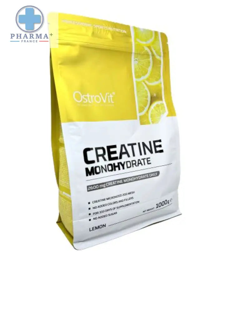 Pochette jaune et blanche d’ostrovit créatine monohydrate saveur citron net 1000 g pour supplément sportif