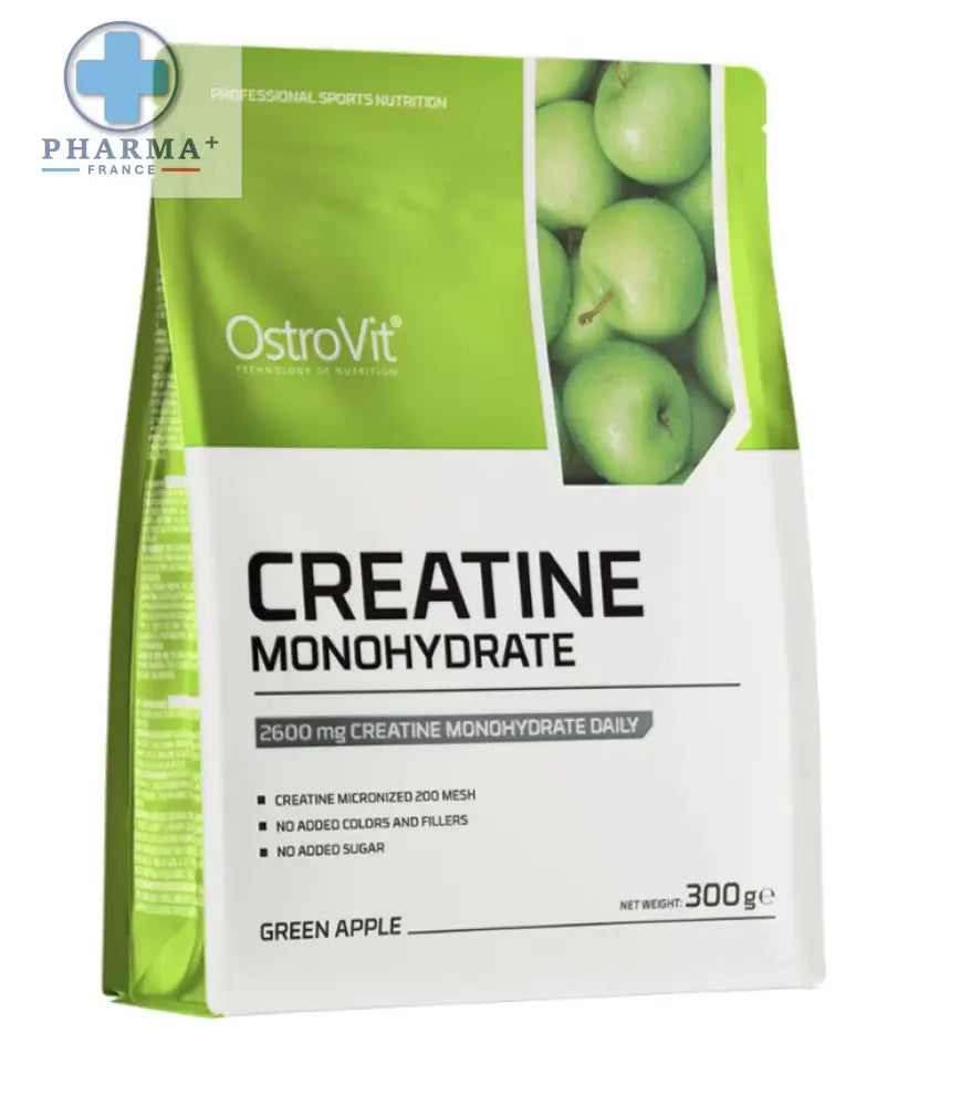 Poudre de créatine monohydrate ostrovit saveur green apple en sachet refermable de 300 g pour performance sportive