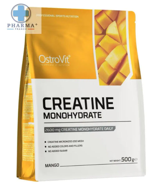 Pochette orange et blanche d’ostrovit créatine monohydrate saveur mangue 500 g avec image de mangues tranchées brillante