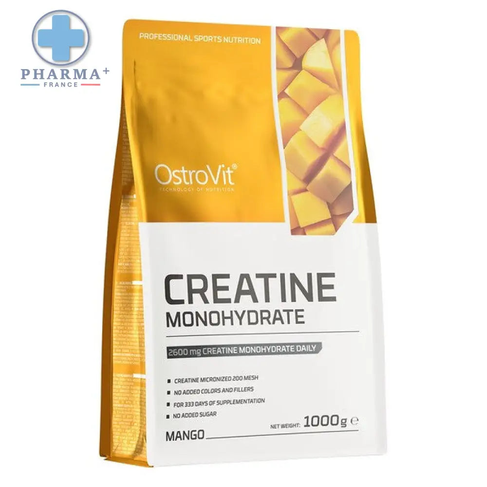 Pochette ostrovit créatine monohydrate saveur mangue 500 g jaune et blanche avec image de fruits découpés brillante