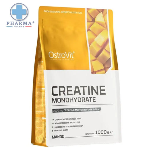 Pochette ostrovit créatine monohydrate saveur mangue 500 g jaune et blanche avec image de fruits découpés brillante