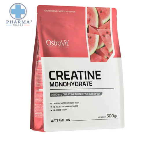 Pochette rouge et blanche d’ostrovit créatine monohydrate saveur pastèque 500 g poids net