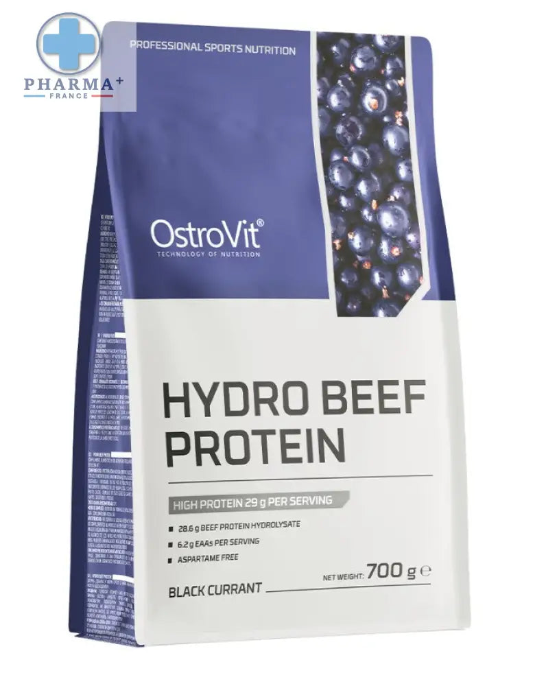 Sac de 700 g d’ostrovit hydro beef protÉine saveur black currant avec emballage bleu et blanc