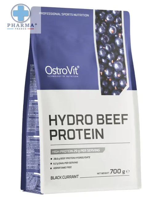 Sac de 700 g d’ostrovit hydro beef protÉine saveur black currant avec emballage bleu et blanc