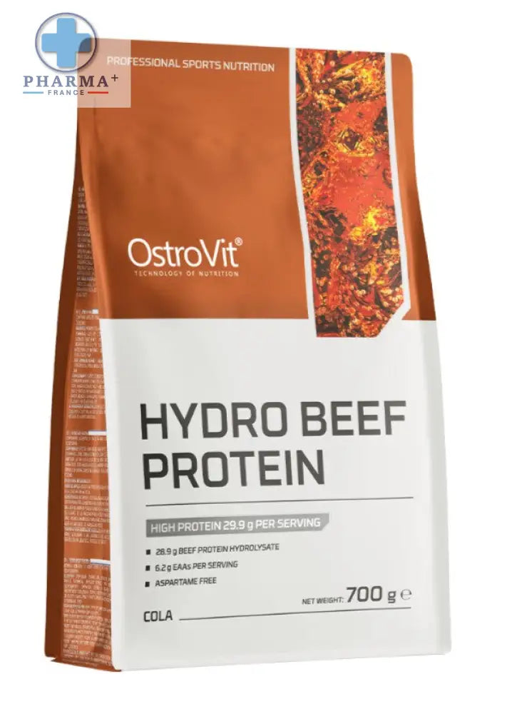 Sac orange et blanc d’ostrovit hydro beef protéine saveur cola 700 g net poids pour performance sportive
