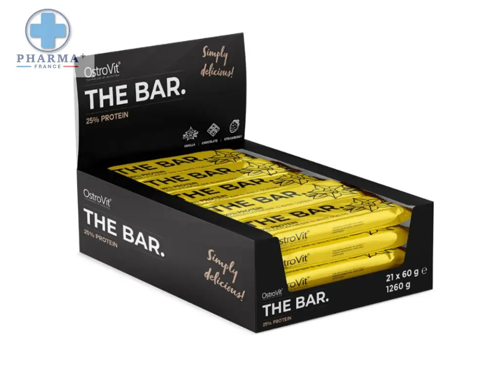 Boîte noire de 21 unités ostrovit the bar barres protéines énergie emballées individuellement en jaune vif