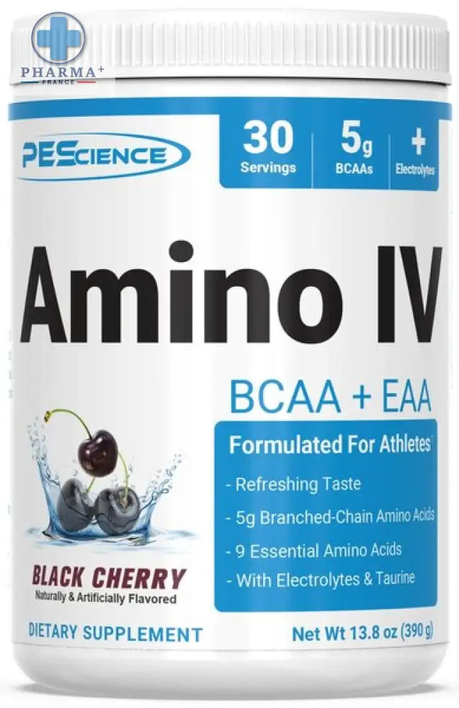 Conteneur blanc cylindrique de pescience amino iv acides aminés saveur black cherry 375 g avec étiquette bleue et cerise noire