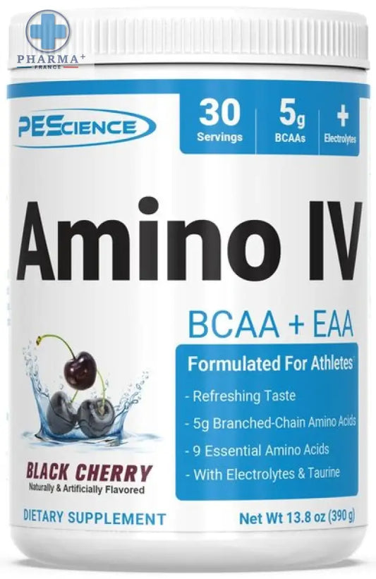 Conteneur blanc cylindrique de pescience amino iv acides aminés saveur black cherry 375 g avec étiquette bleue et cerise noire