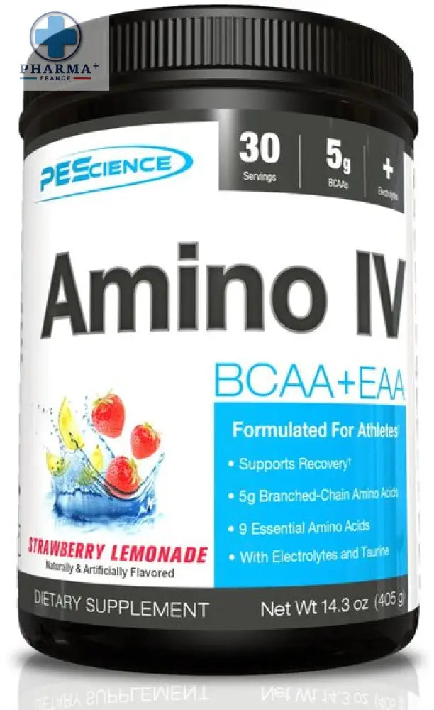 Conteneur noir en plastique pescience amino iv acides aminés saveur strawberry lemonade de 363 g avec étiquette blanche