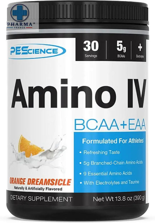 Conteneur noir cylindrique de pescience amino iv complément acides aminés orange dreamsicle avec étiquette blanche et bleue