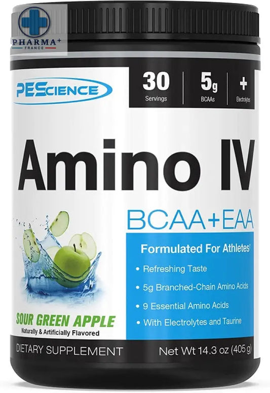 Conteneur cylindrique blanc et noir de complément aminés pescience saveur sour green apple en poudre